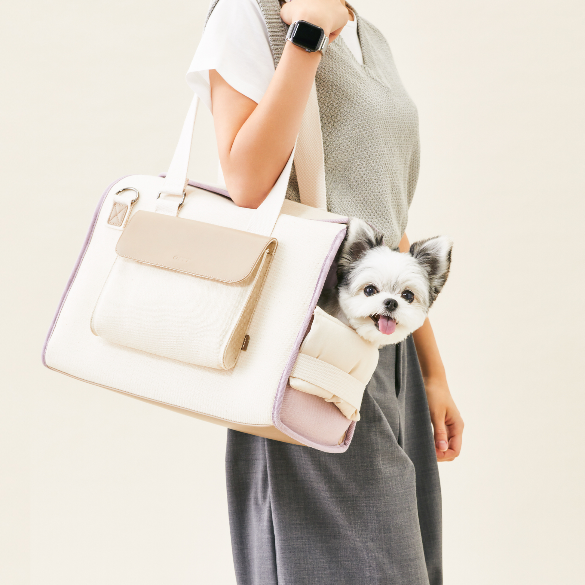 arrr Sunday Pet Bag (Pet Carrier) with dual use as an outgoing bag and portable cushion. Keep your pet safe and comfortable during outdoor activities. All in mesh design, several pockets, available to bring on public transportation. Lily Lavender color