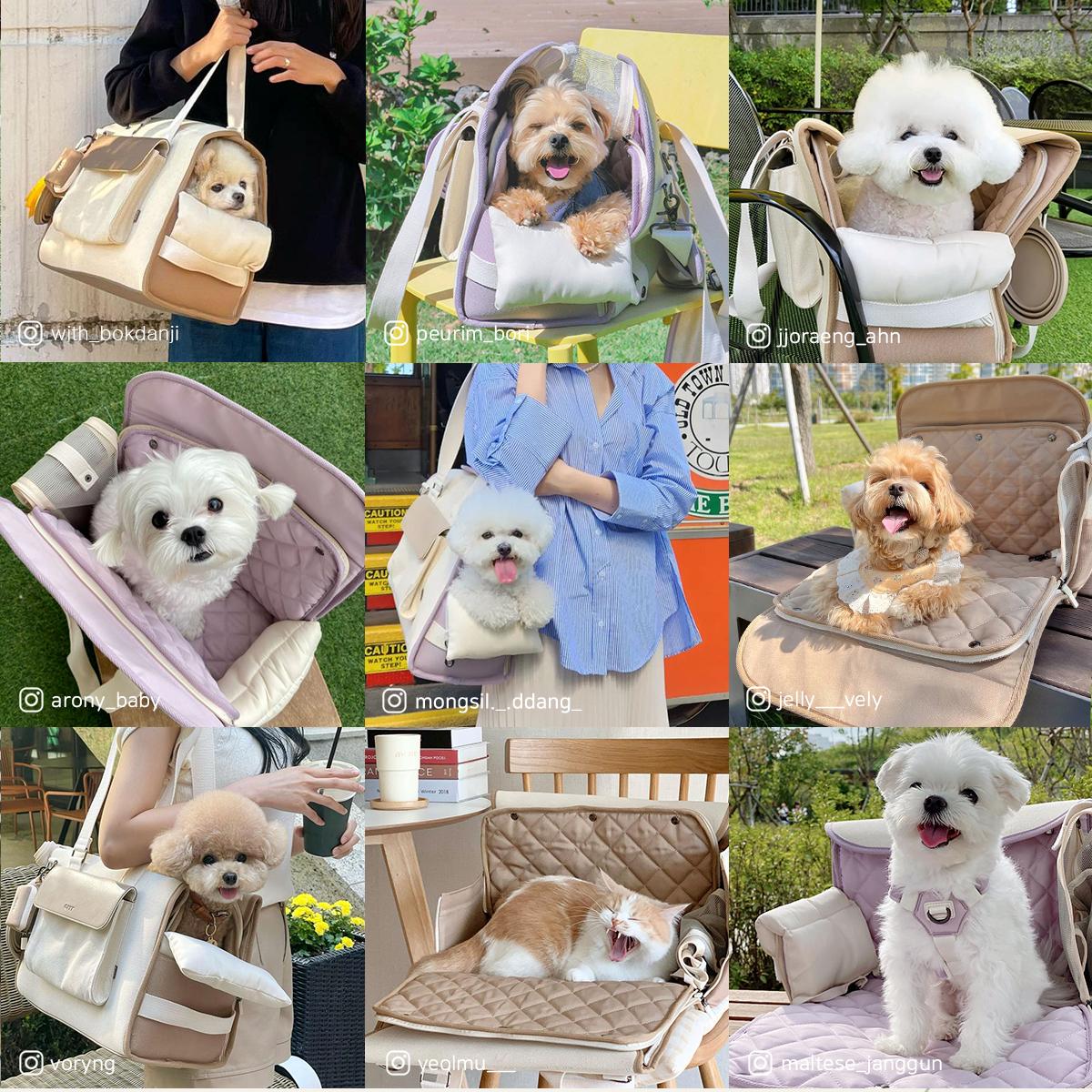 arrr Sunday Pet Bag (Pet Carrier) with dual use as an outgoing bag and portable cushion. Keep your pet safe and comfortable during outdoor activities. All in mesh design, several pockets, available to bring on public transportation. Peanut Beige / Lily Lavender / Pale Khaki color